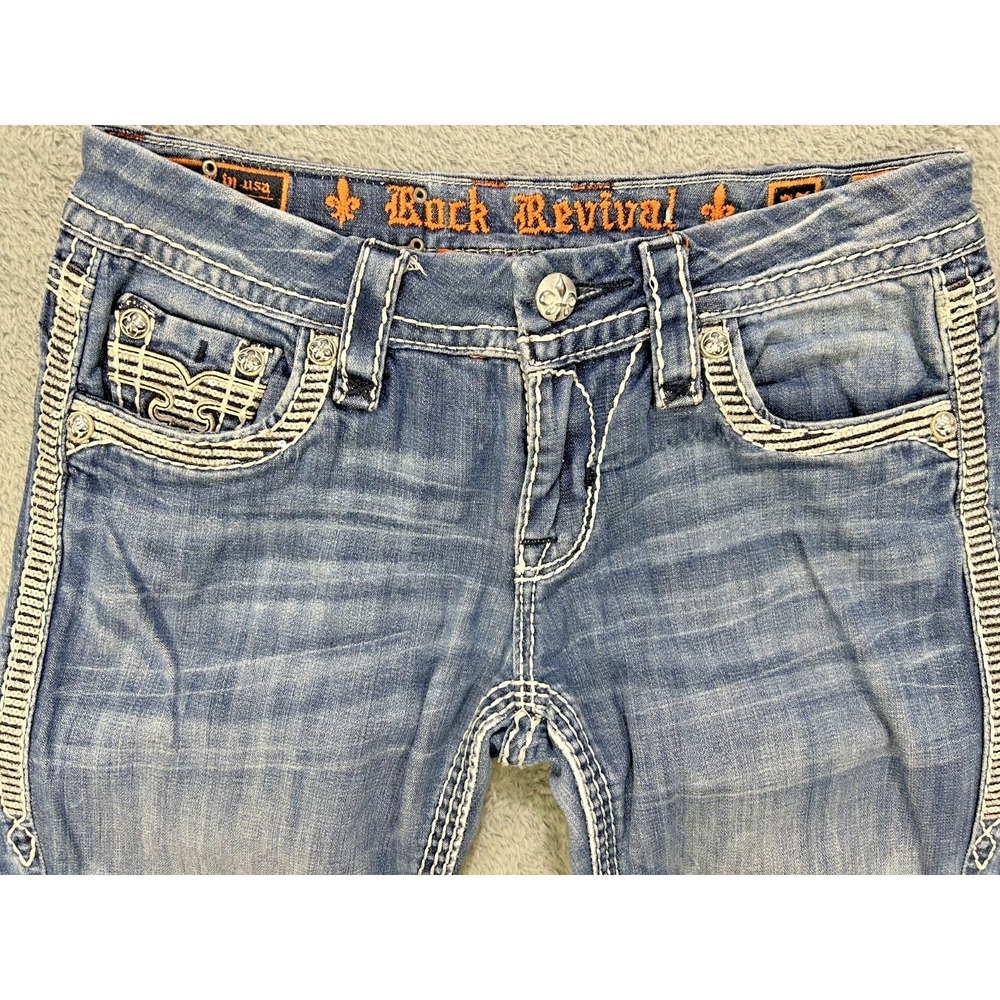 Rock Revival Jeans Womens 27x30 Kai Boot Thick Stitch Sequin Studs Perfect Fade - Picture 14 of 15